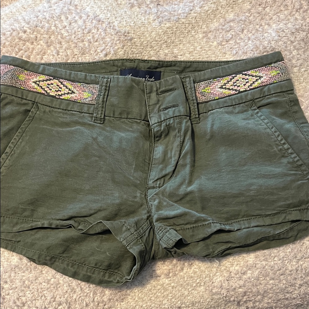 American Eagle Olive Green Women Shorts with Embroidered Belt